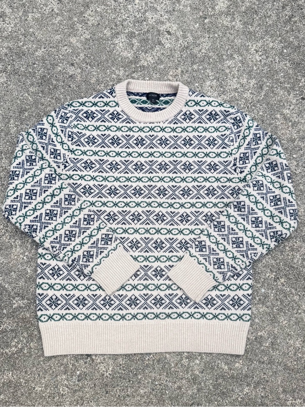 J. Crew Cream Crewneck Sweater with Navy and Green Fair Isle
